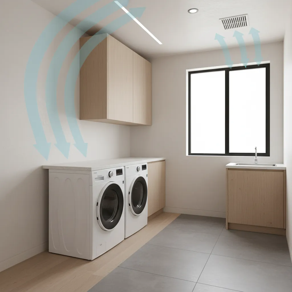 small laundry room layout showing airflow movement around washer and dryer