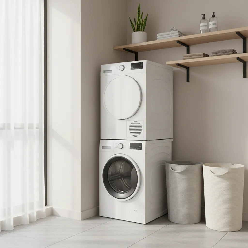 compact laundry area with slim laundry baskets and organized storage