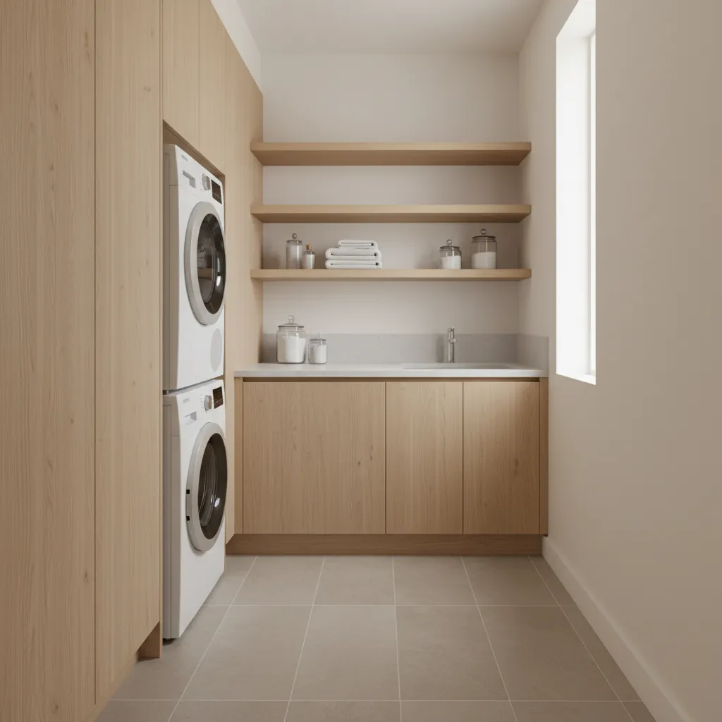 Compact laundry room with overhead cabinets and washer dryer setup