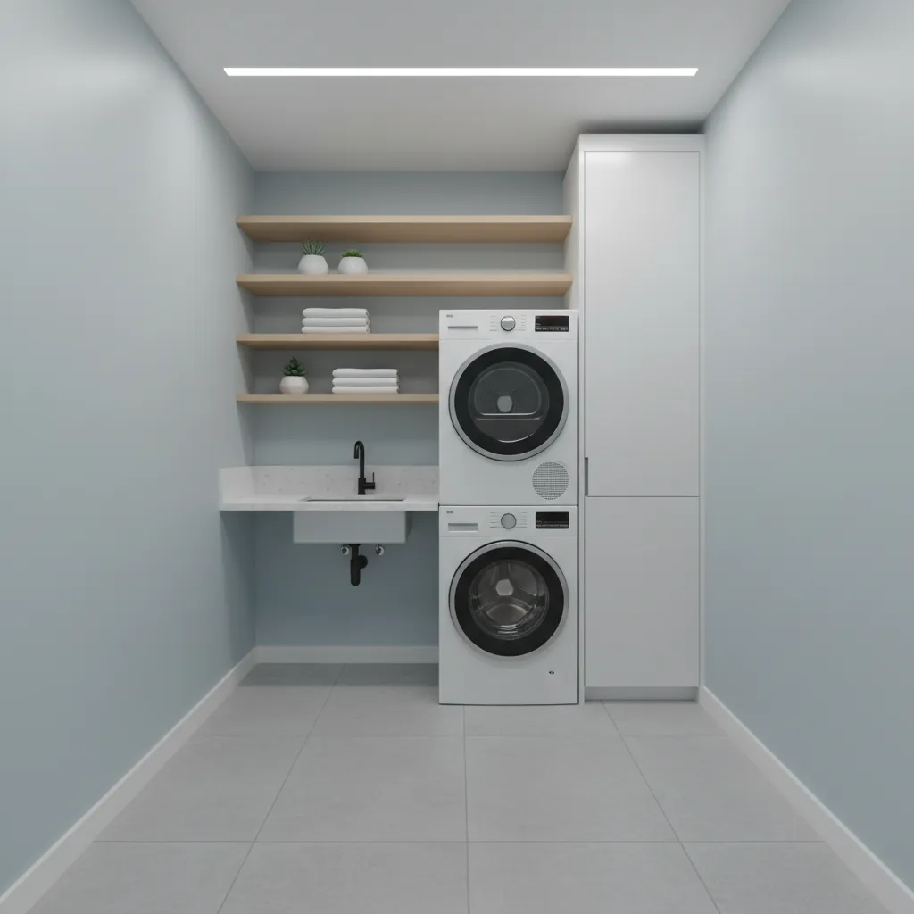 Small laundry room with blue walls, stacked white washer and dryer, wooden shelves, and cabinet.