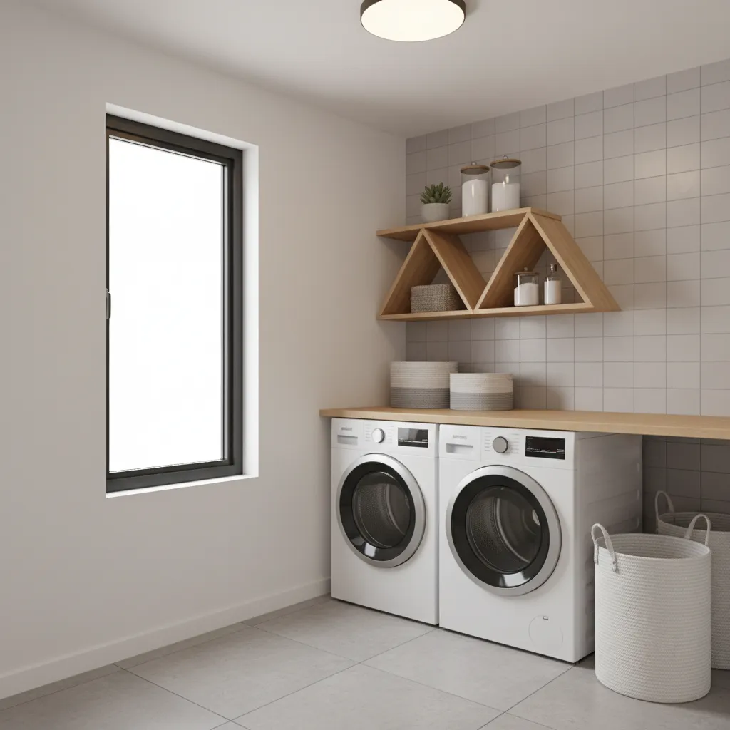 small laundry room with corner shelves installed above washer and dryer