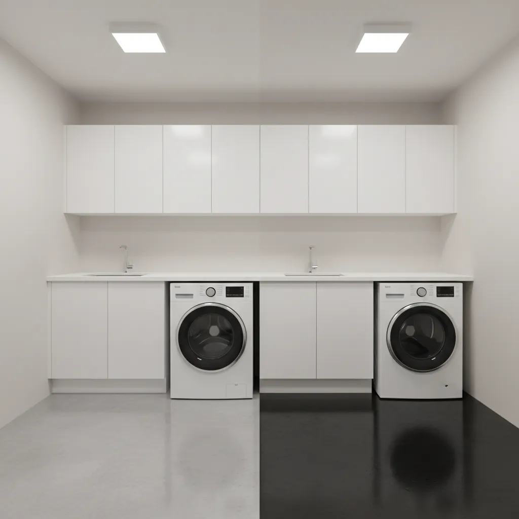 Comparison of light and dark painted concrete floors in a small laundry room