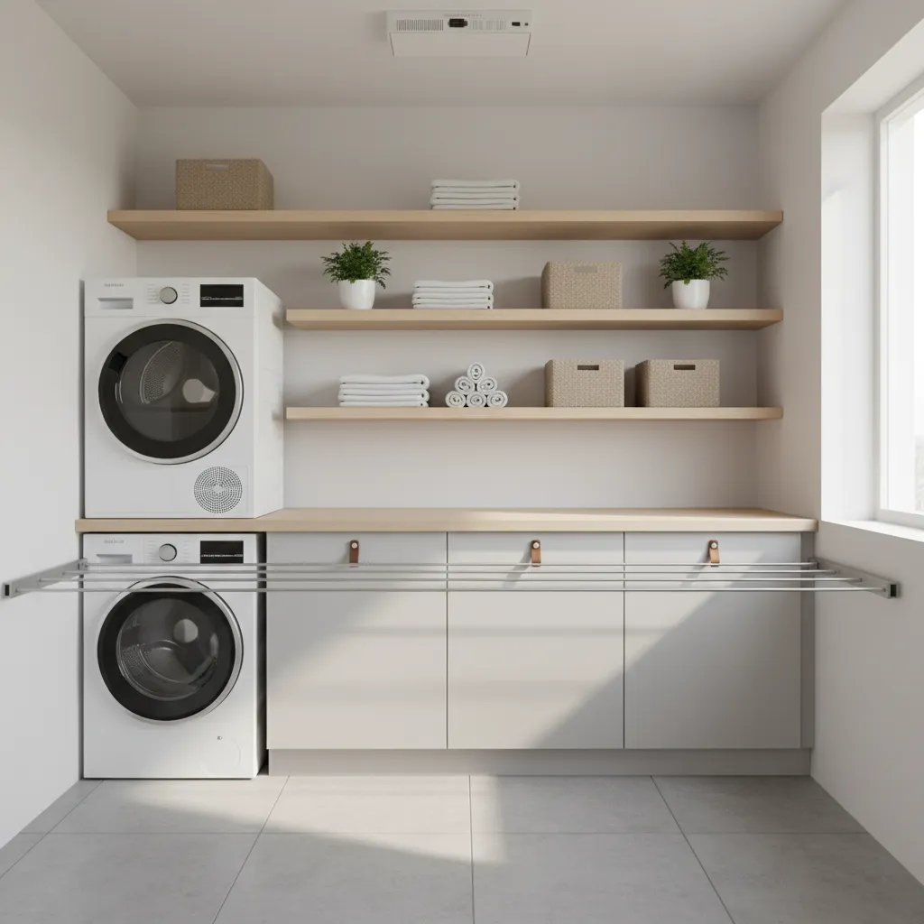 Compact laundry room layout showing drying zone with retractable clothesline