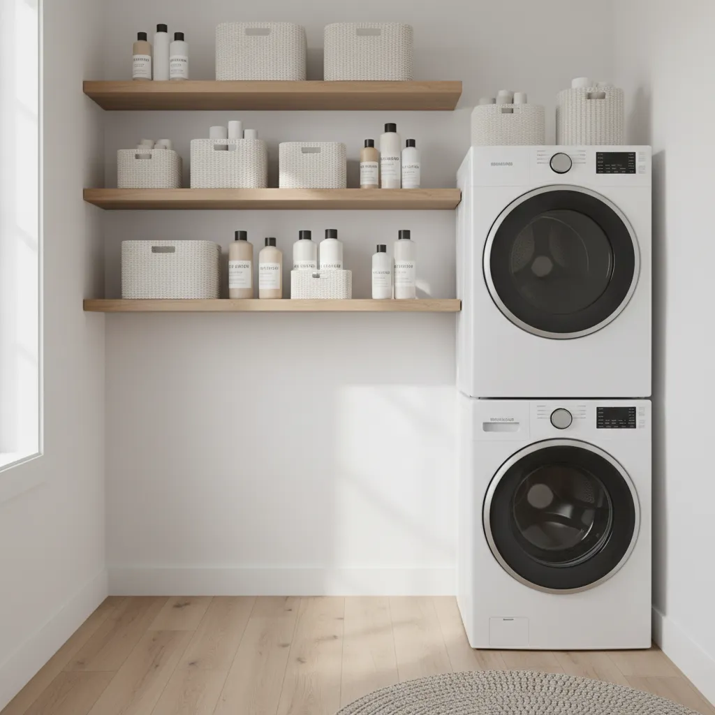 Small laundry room with floating shelves above washer and dryer storing baskets and supplies