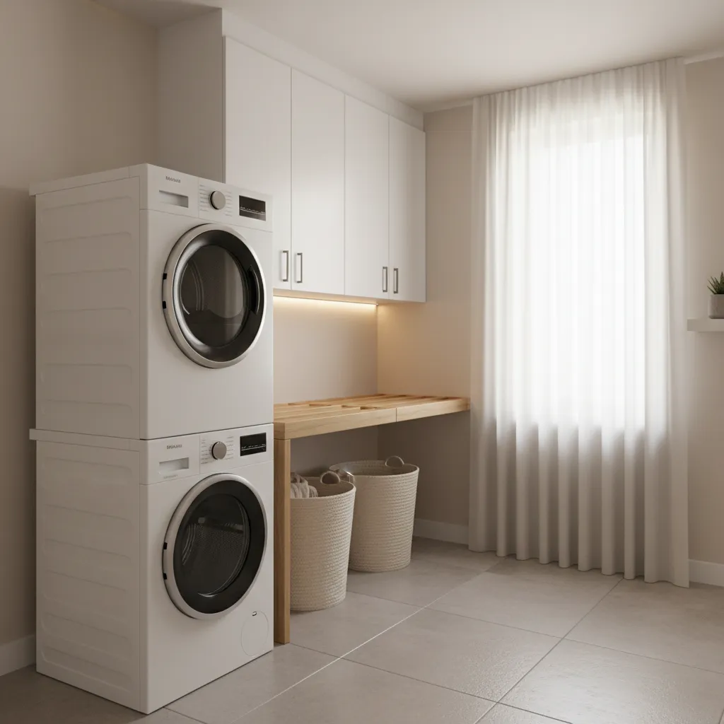Small laundry room with stackable washer dryer and folding counter