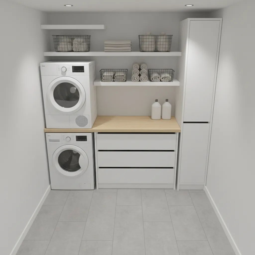 Small laundry room layout showing stacked appliances and folding counter