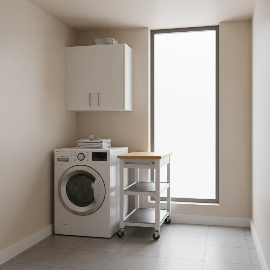 compact laundry room with narrow rolling island cart