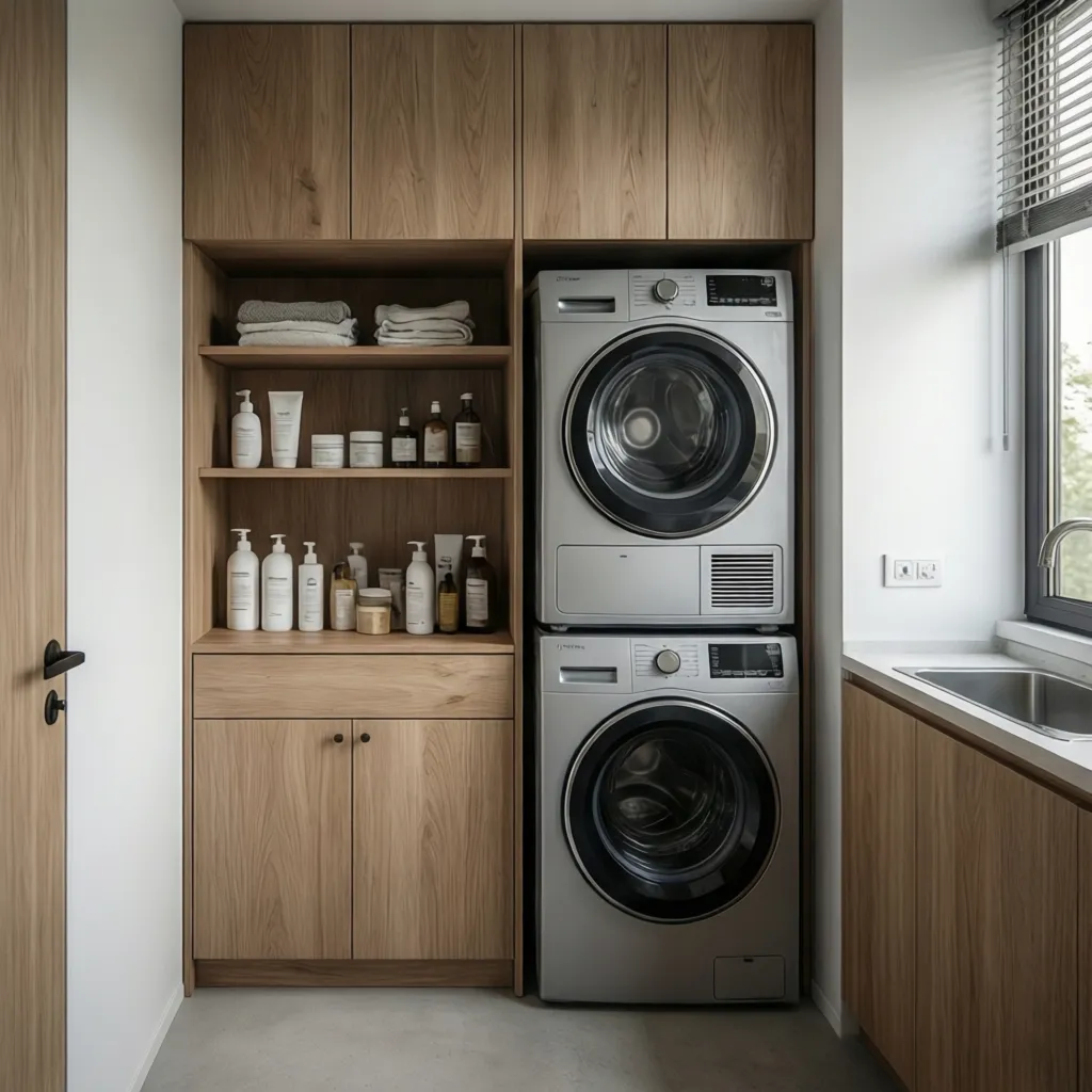 compact laundry room with slim cabinets beside washer and dryer