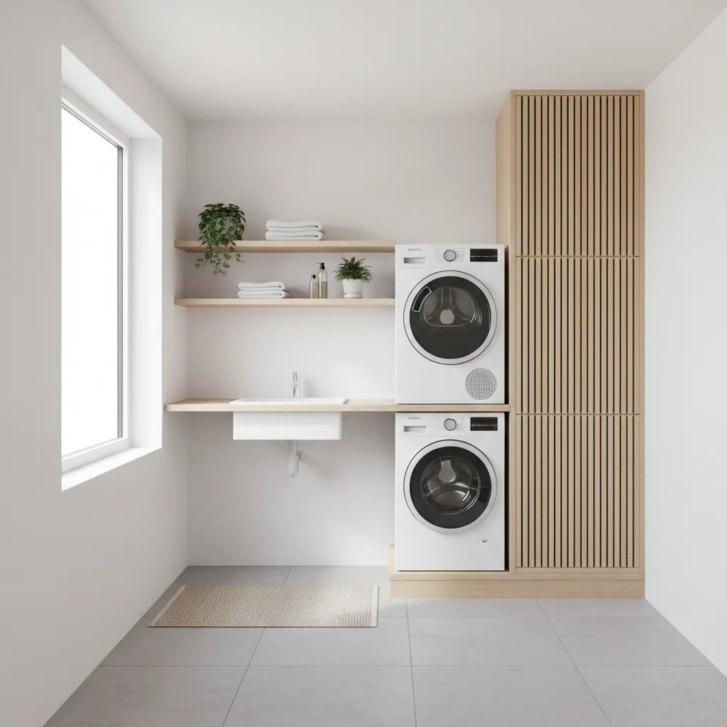 Small laundry room with slim storage cabinets beside washer and dryer