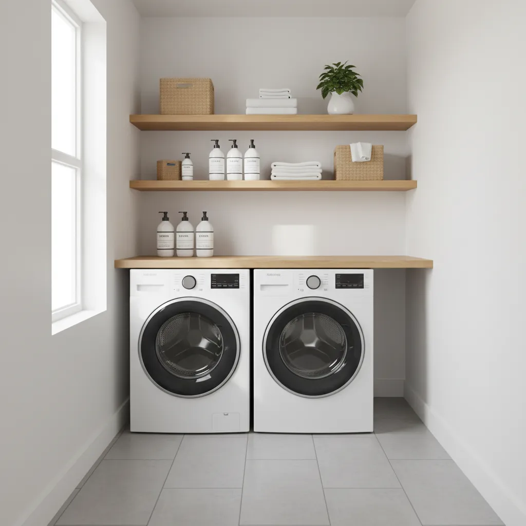 small laundry room with narrow shelves installed above washer and dryer
