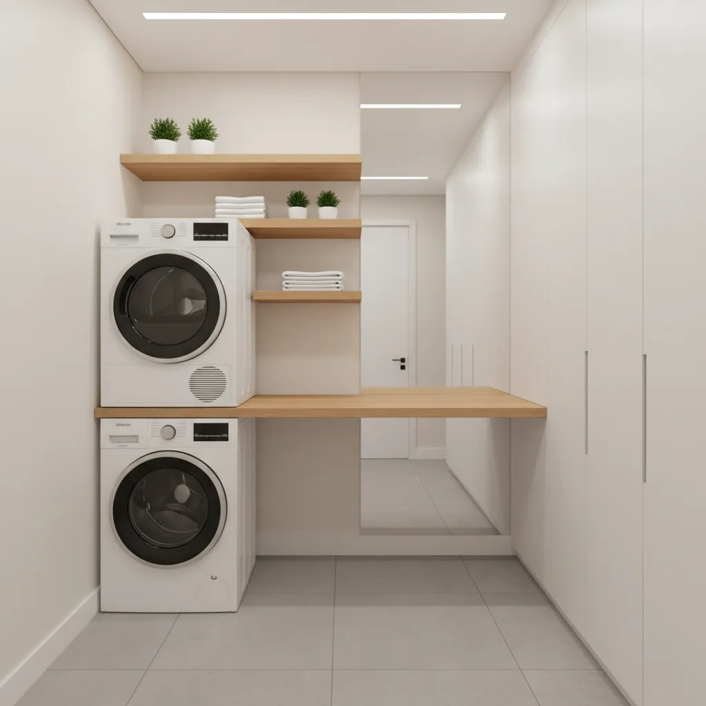 minimalist small laundry room layout with shelves and folding surface