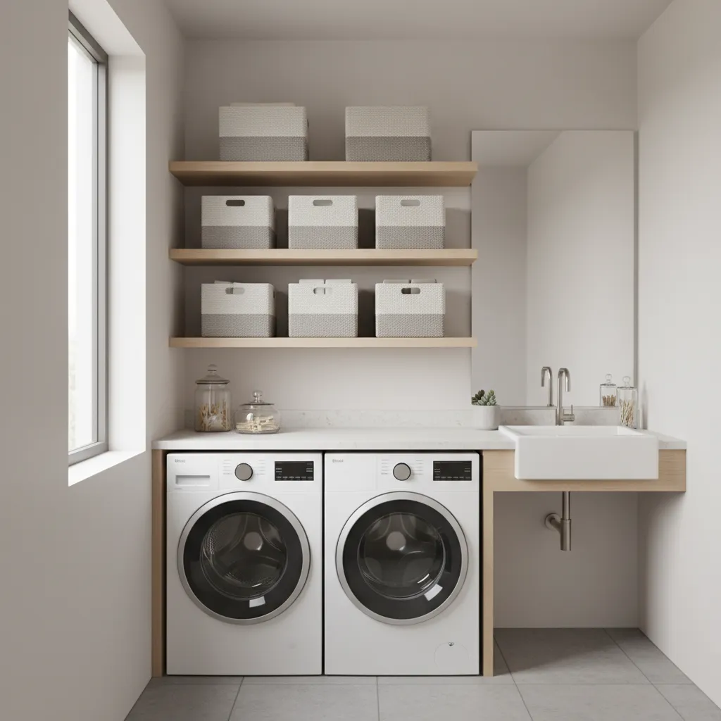 compact laundry room with wooden floating shelves and organized baskets
