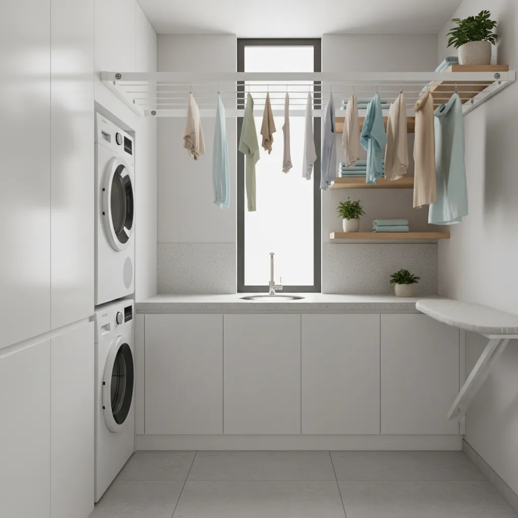 small laundry room with retractable indoor clothesline installed on wall