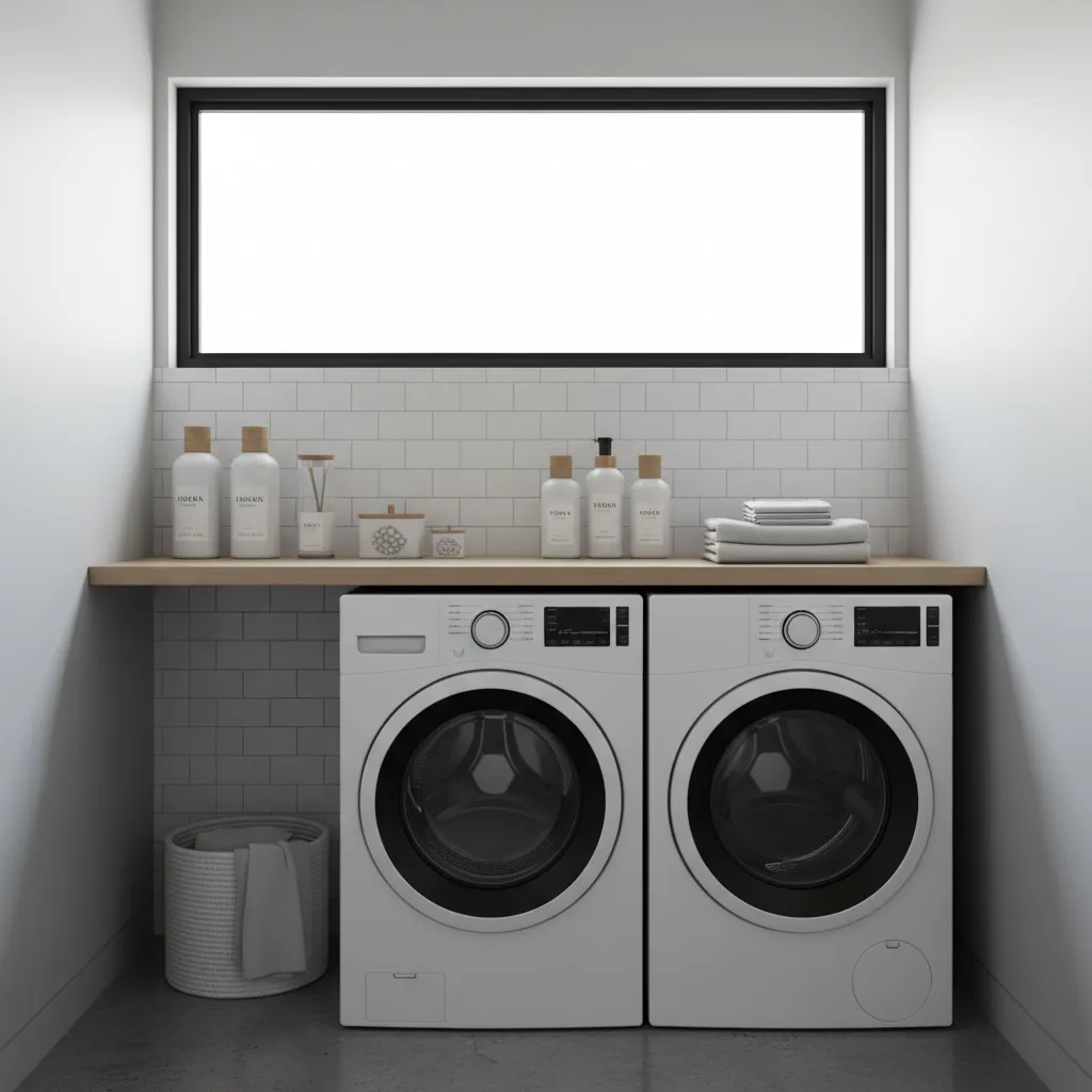 White washing machines under a wood shelf with white bottles and towels below a window