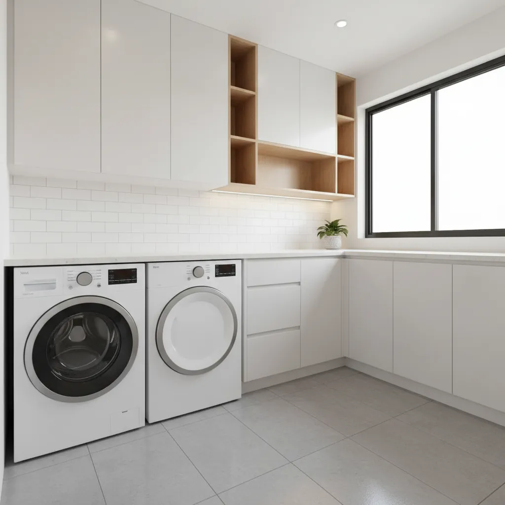 Small laundry room with side by side washer dryer and counter over dryer only