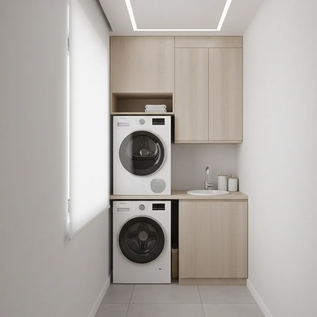 Compact laundry room with stacked washer dryer and vertical storage