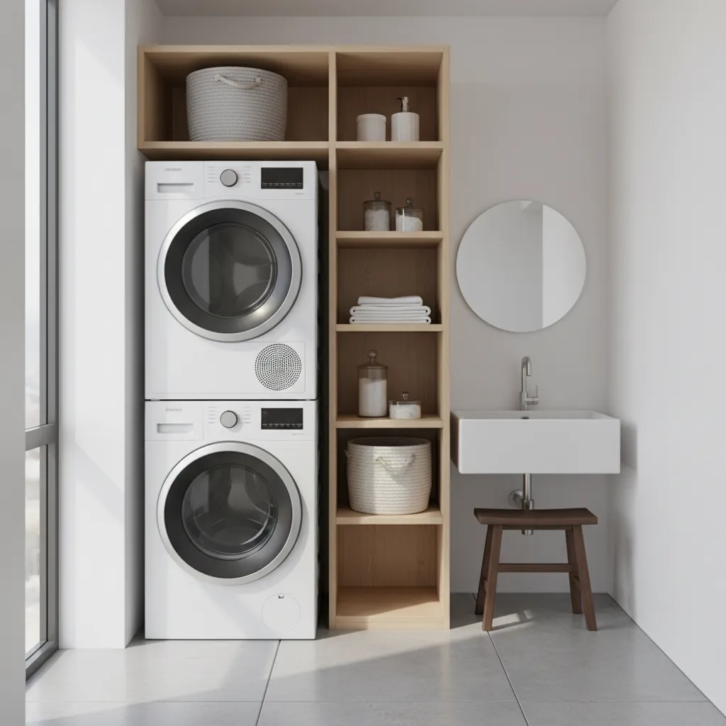 Compact laundry room with stacked washer dryer and open shelving
