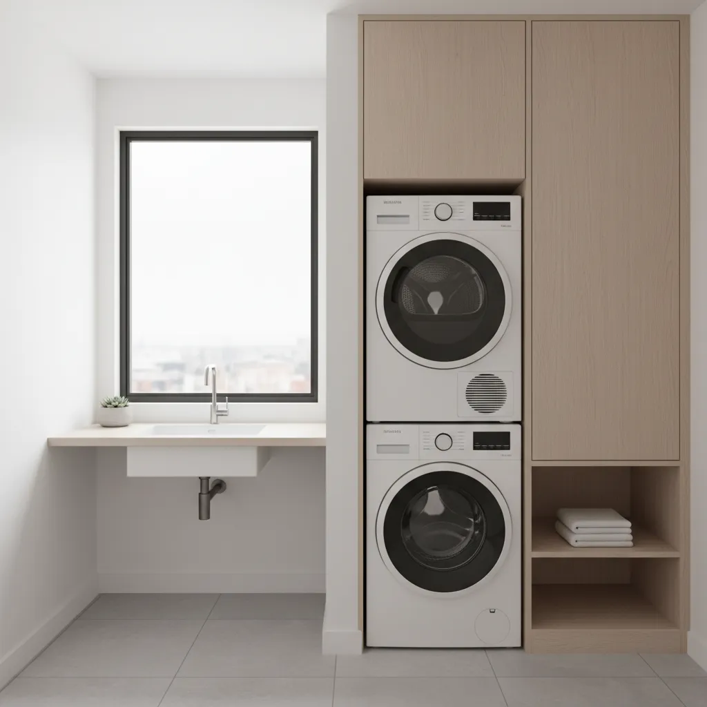 Compact laundry room with stacked washer dryer in a narrow utility space