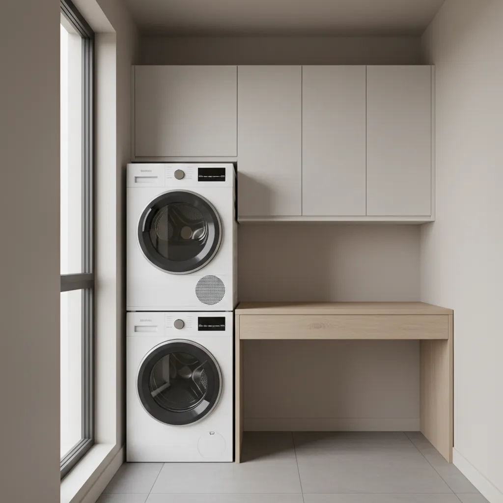small laundry room with stacked washer dryer and compact folding counter