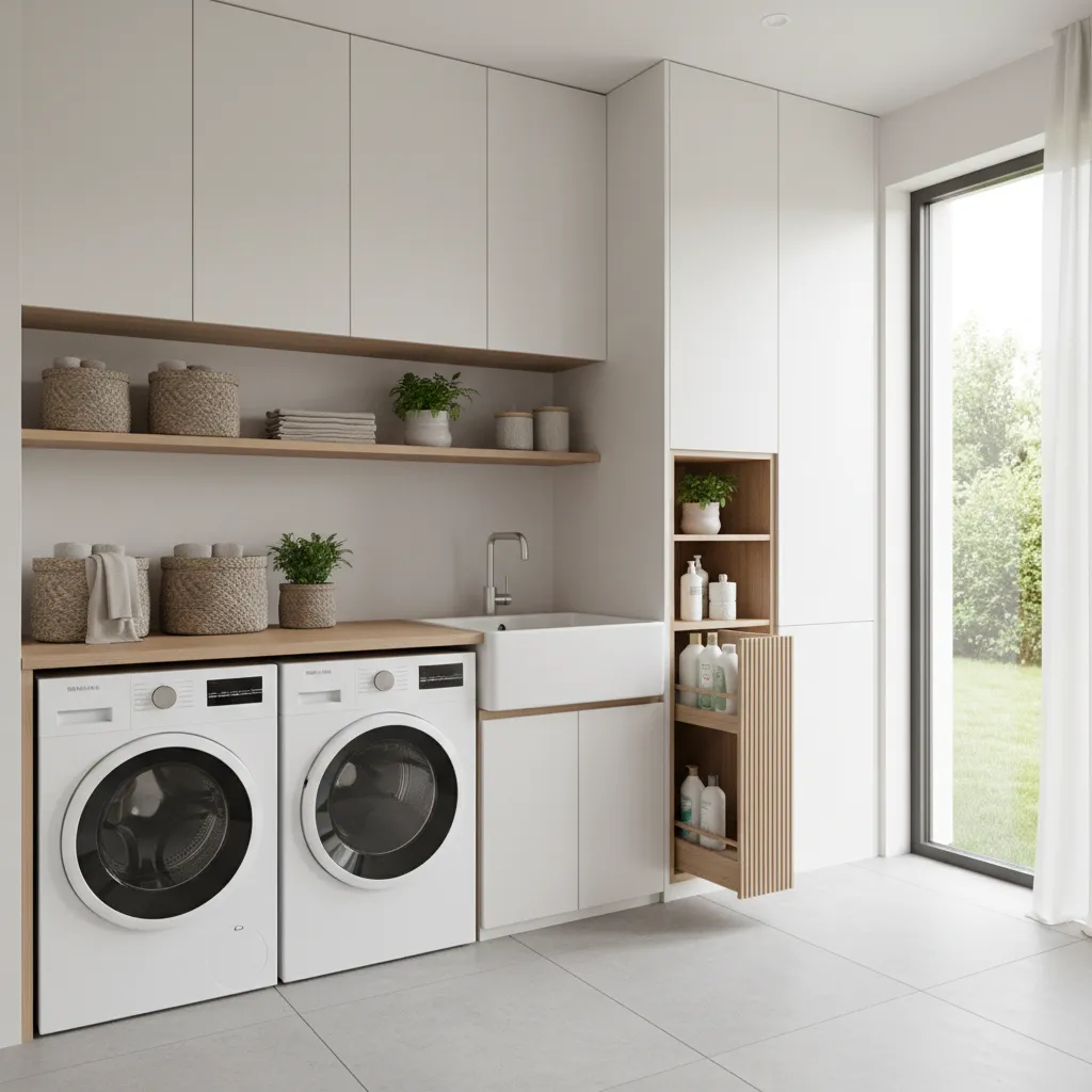 White laundry room with washing machine dryer sink and pull out cabinet for cleaning supplies