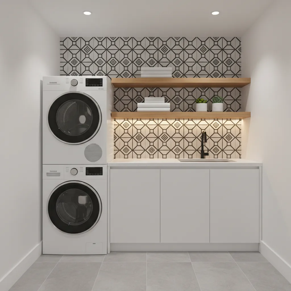 Stylish modern small laundry room with tile backsplash and lighting
