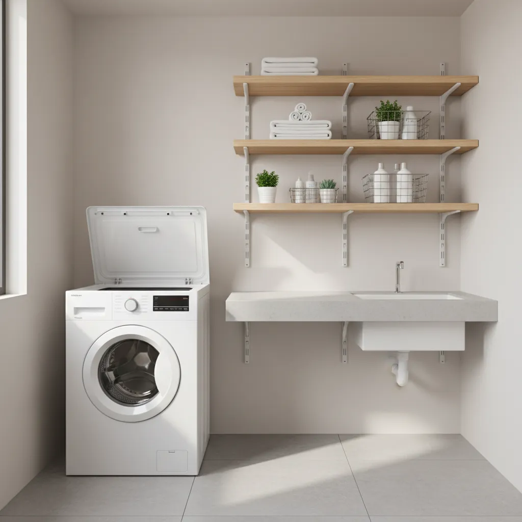 Small laundry room with top load washer and open wall space above