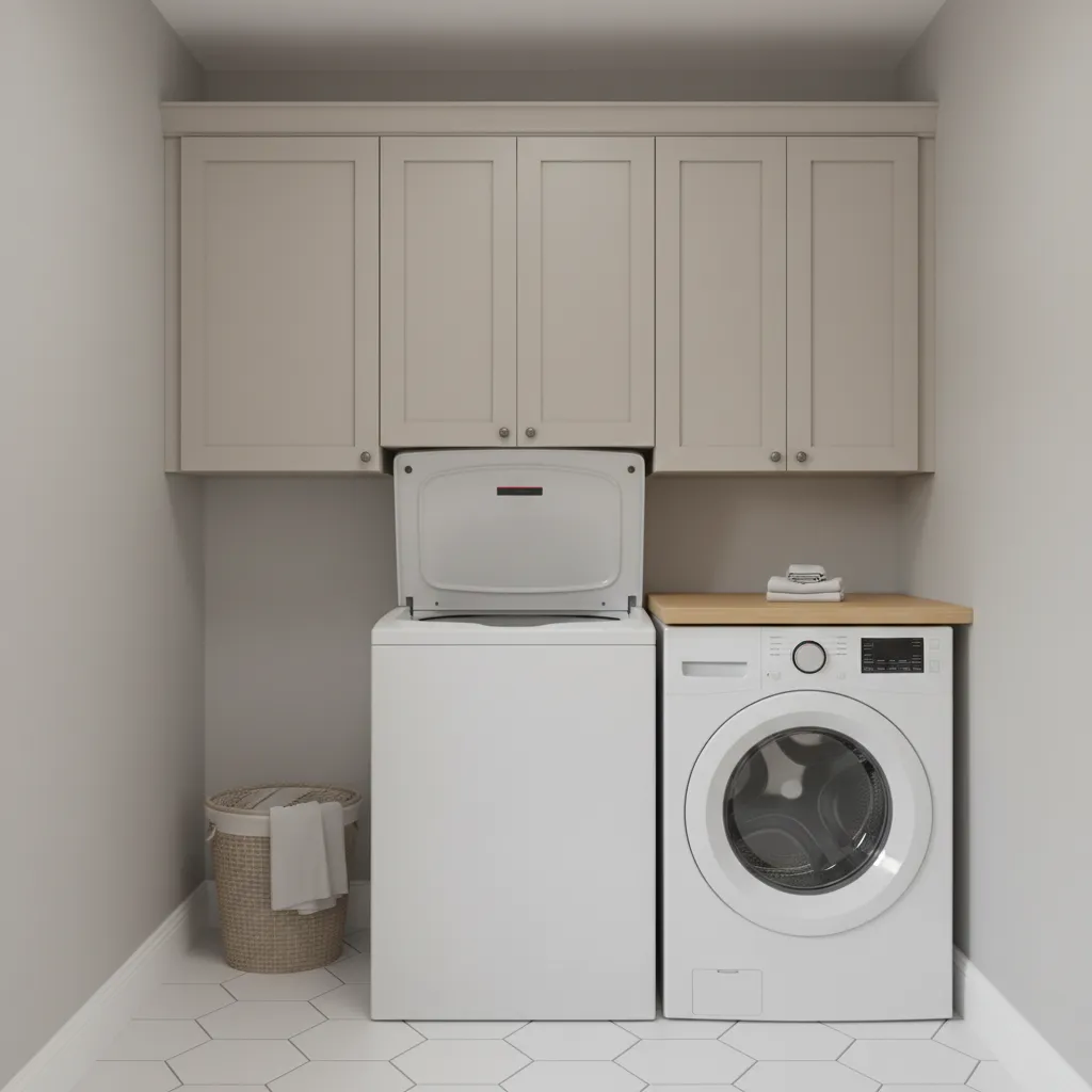 Small laundry room where cabinet doors block a top loading washer lid