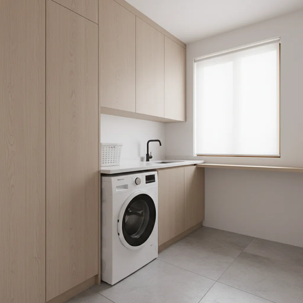 Compact laundry room with top-loading washer and surrounding cabinetry layout