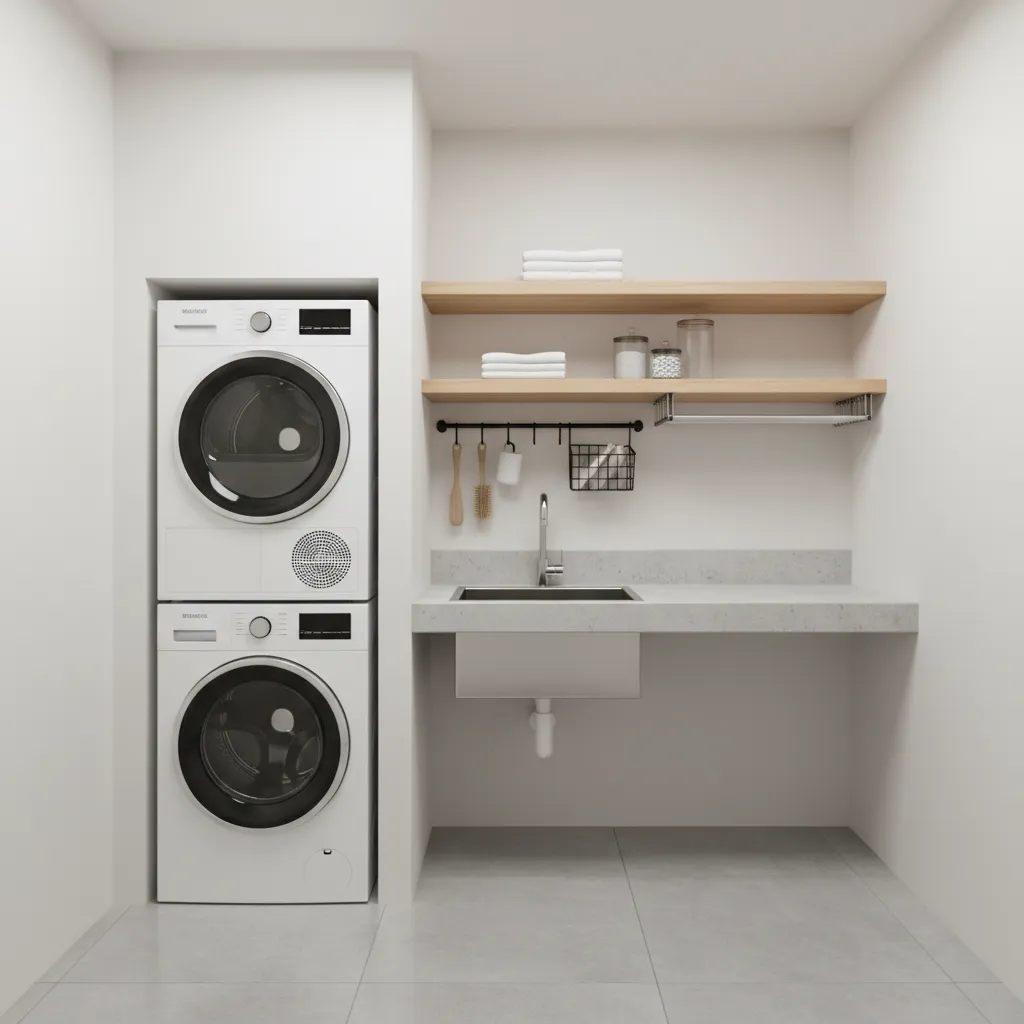 Small laundry room with stacked white washer dryer floating stone counter metal sink wooden shelves