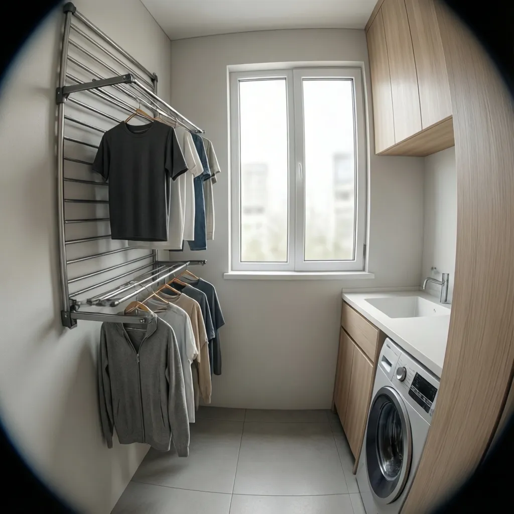Compact laundry room with vertical drying rack for indoor clothes drying