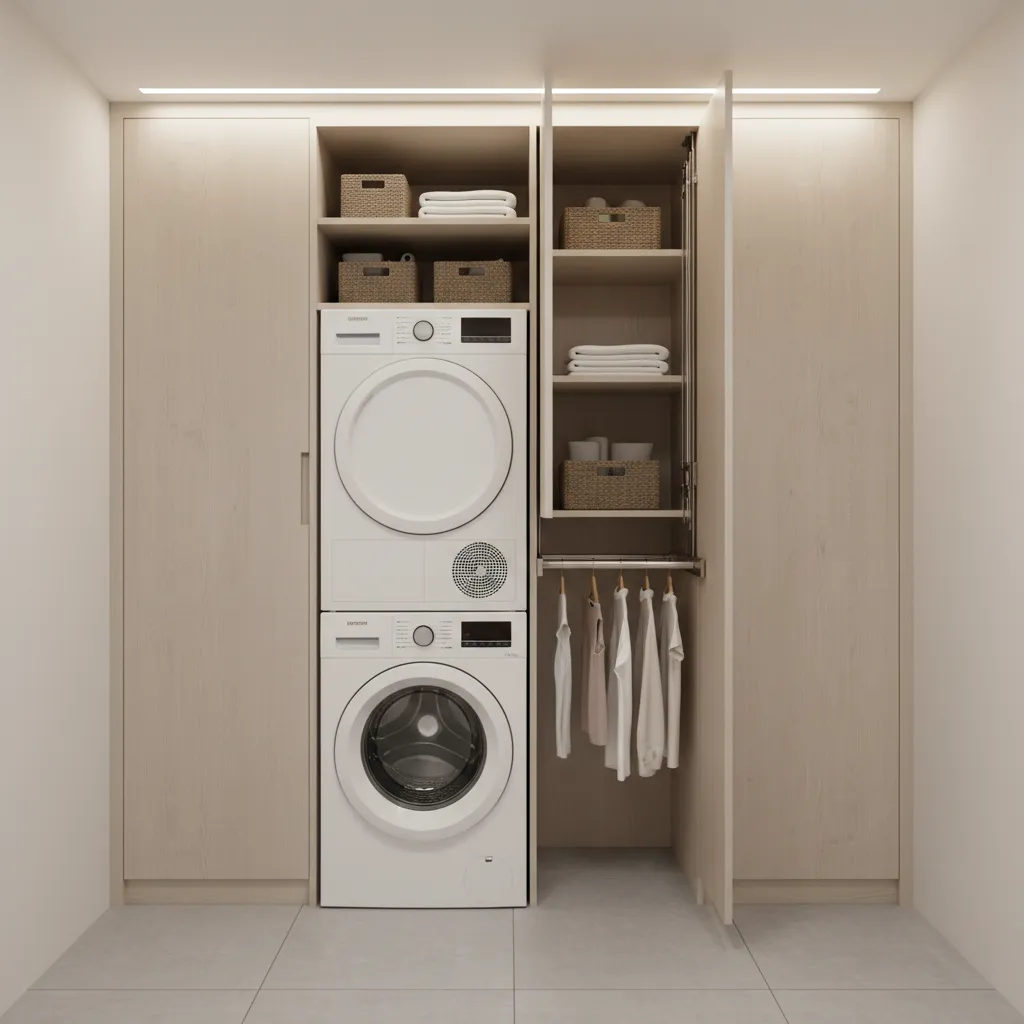 Small laundry room with vertical cabinets and stacked washer dryer