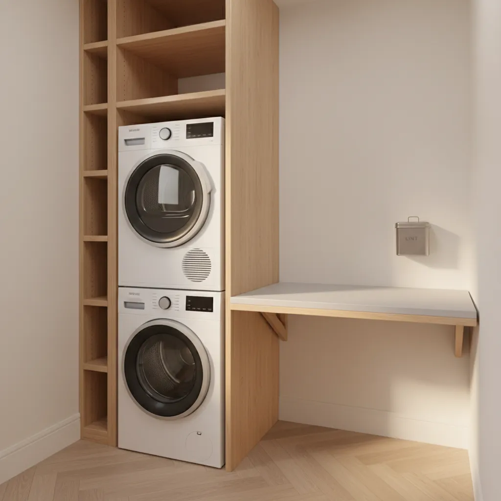Compact laundry room with stacked washer dryer and vertical storage shelves