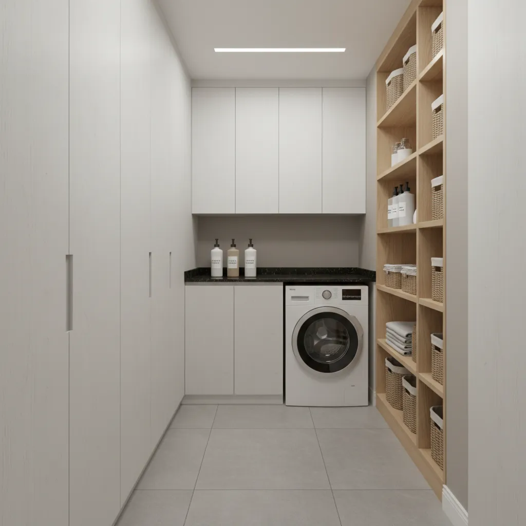 Vertical storage shelves and cabinets in a small laundry room