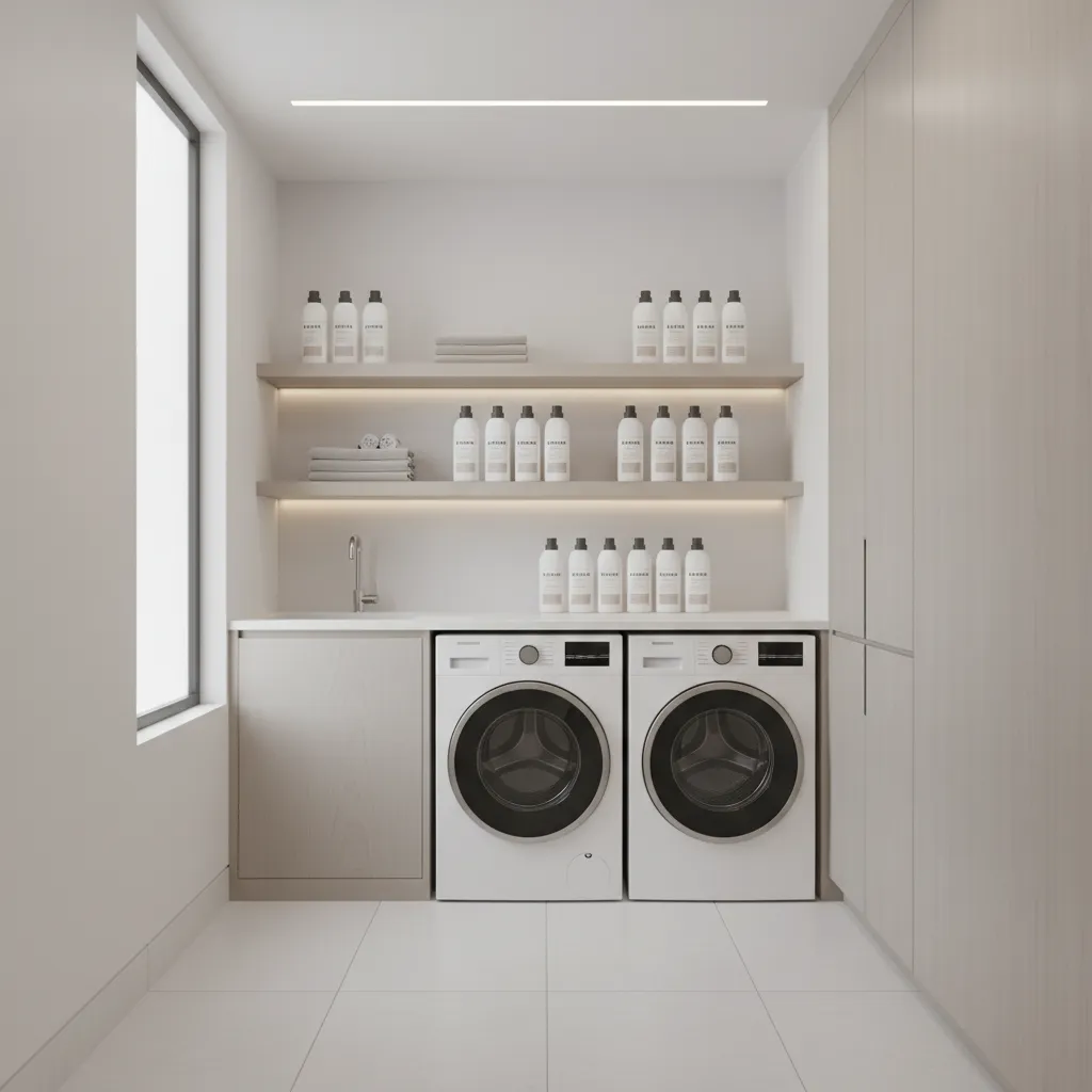 Small laundry room with stacked washer dryer and vertical wall shelving