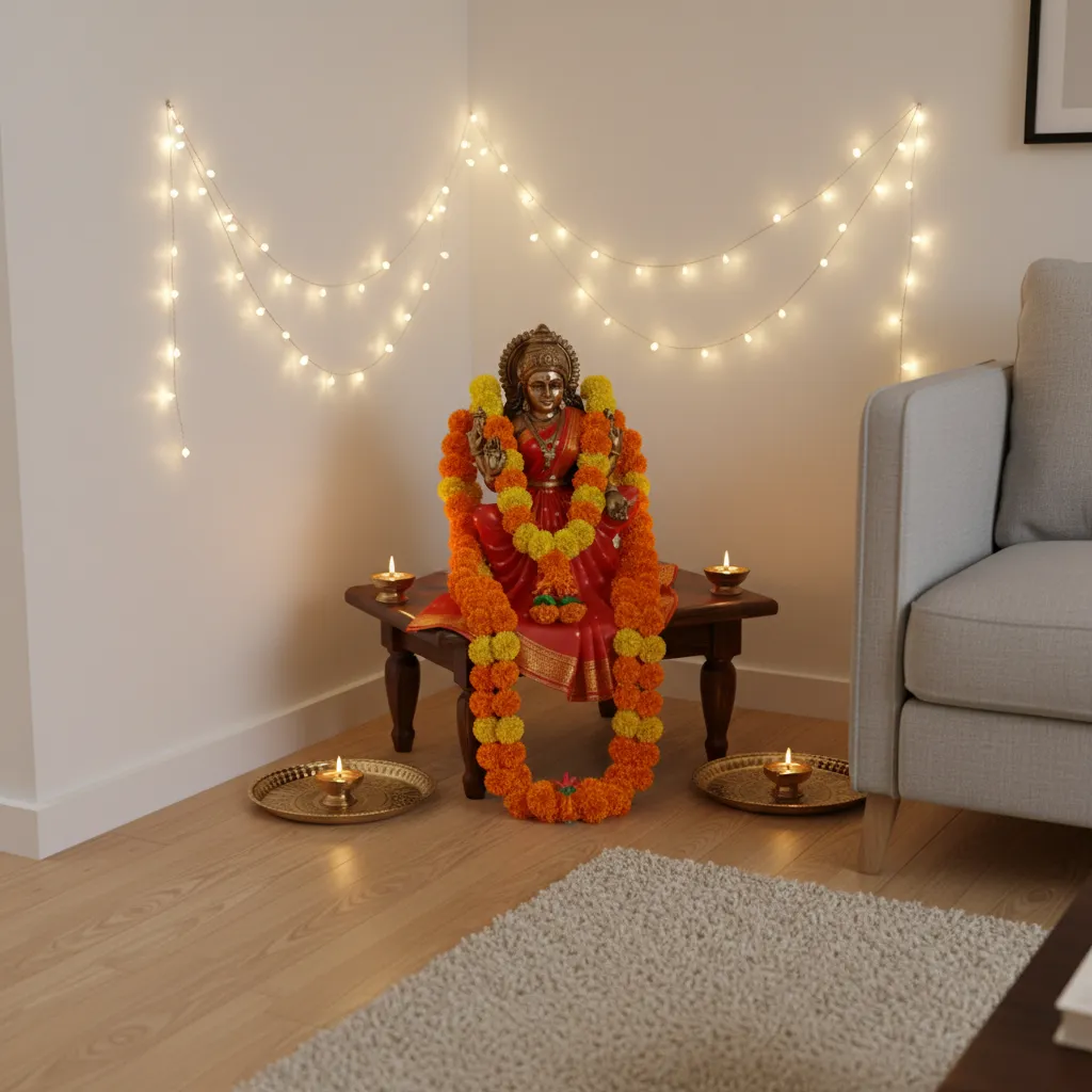 simple Laxmi Pooja corner setup in a small apartment living room