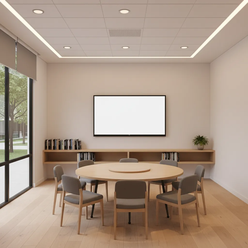Compact university study room with round table and wall mounted screen