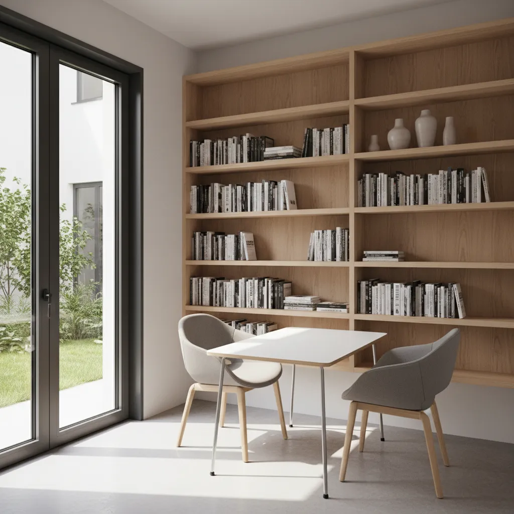 Compact library study room optimized with wall shelves and light colors