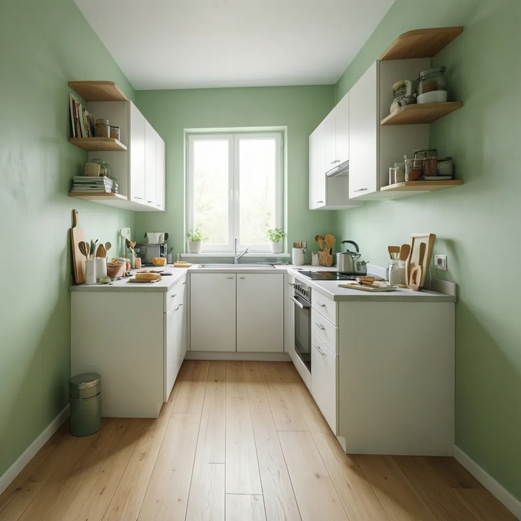 Small kitchen with light green walls white cabinets and bright natural lighting