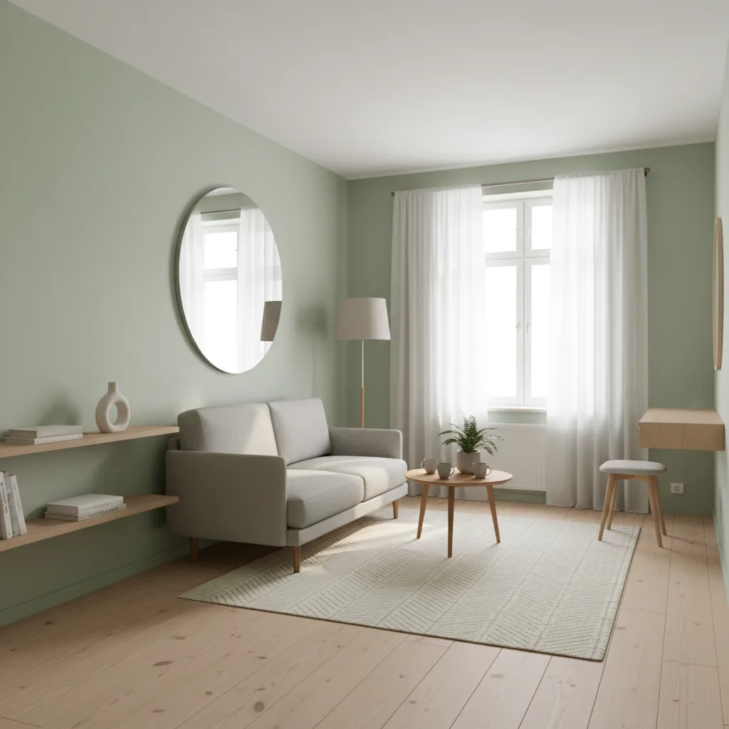 small room with pale green walls mirror and natural light making space feel larger