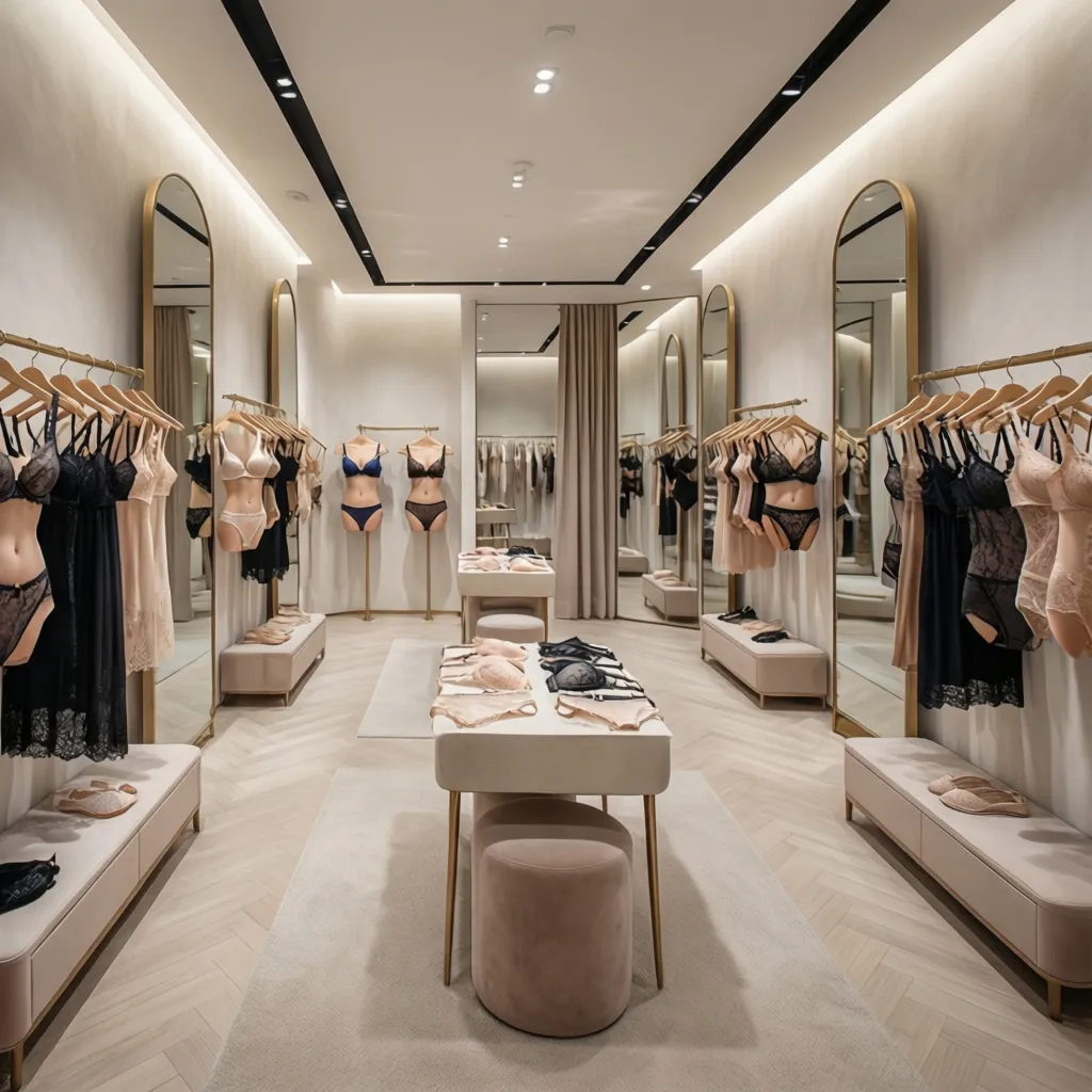 Modern lingerie shop featuring arched mirrors wooden floors display tables soft footrests and neutral walls