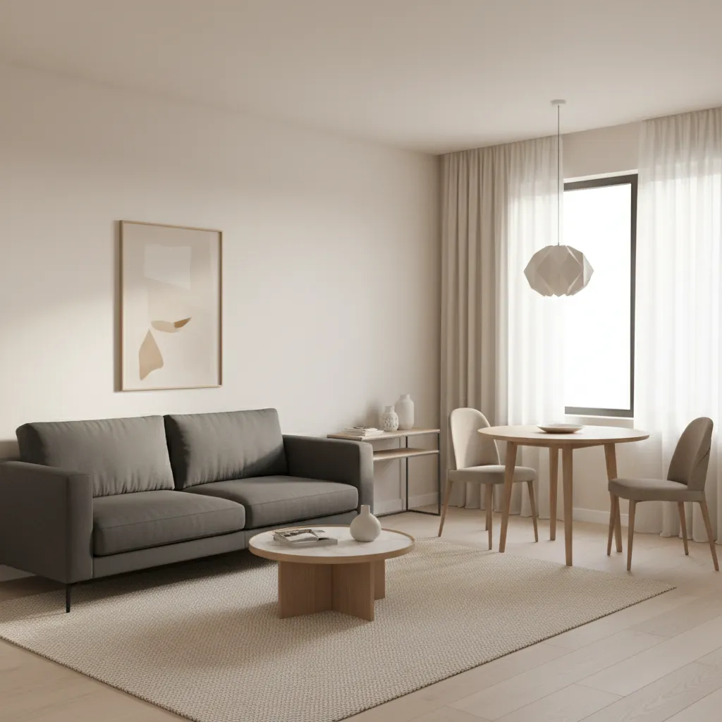 Living room with grey sofa, marble coffee table, wooden dining table, and white ceiling light