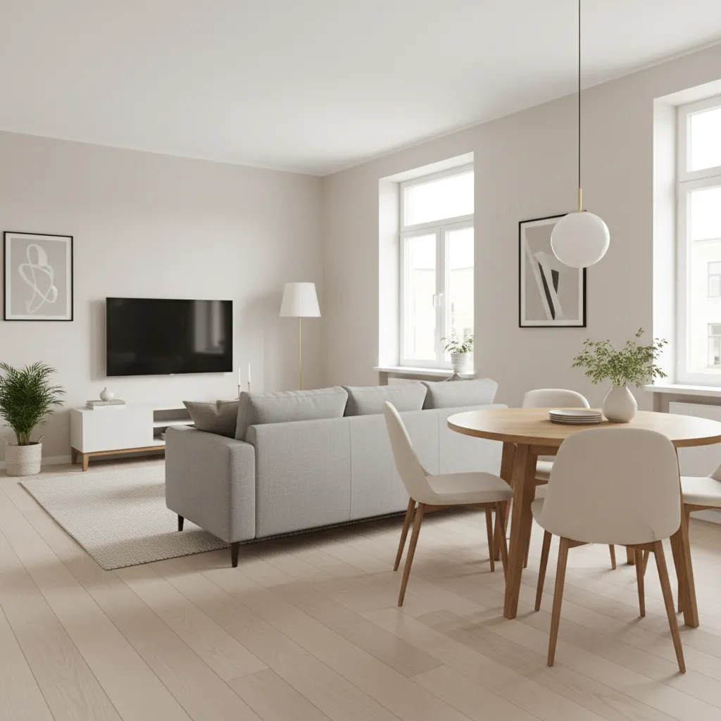Modern open living space with grey sofa, television, wooden dining table, chairs, and ceiling light