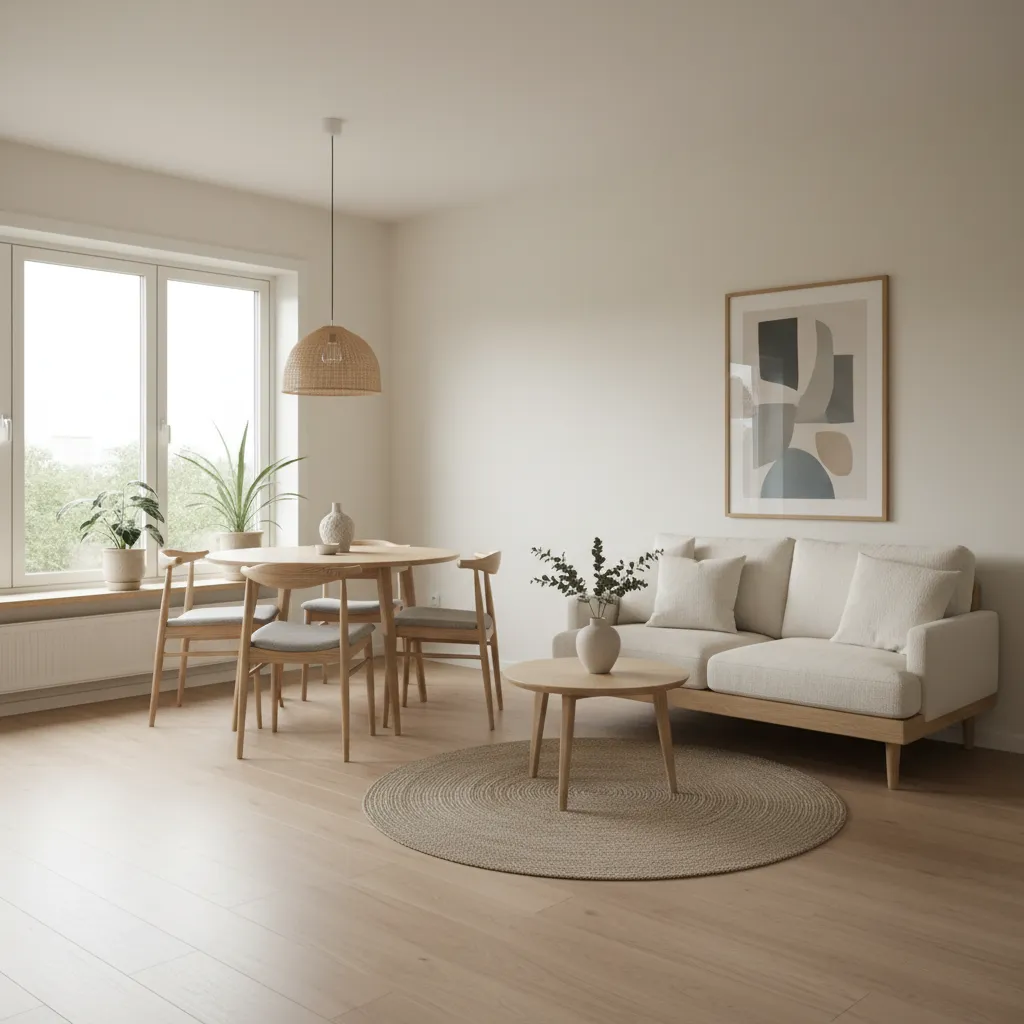 Minimalist living room and dining area with cream sofa, wooden table, rug, and ceiling light