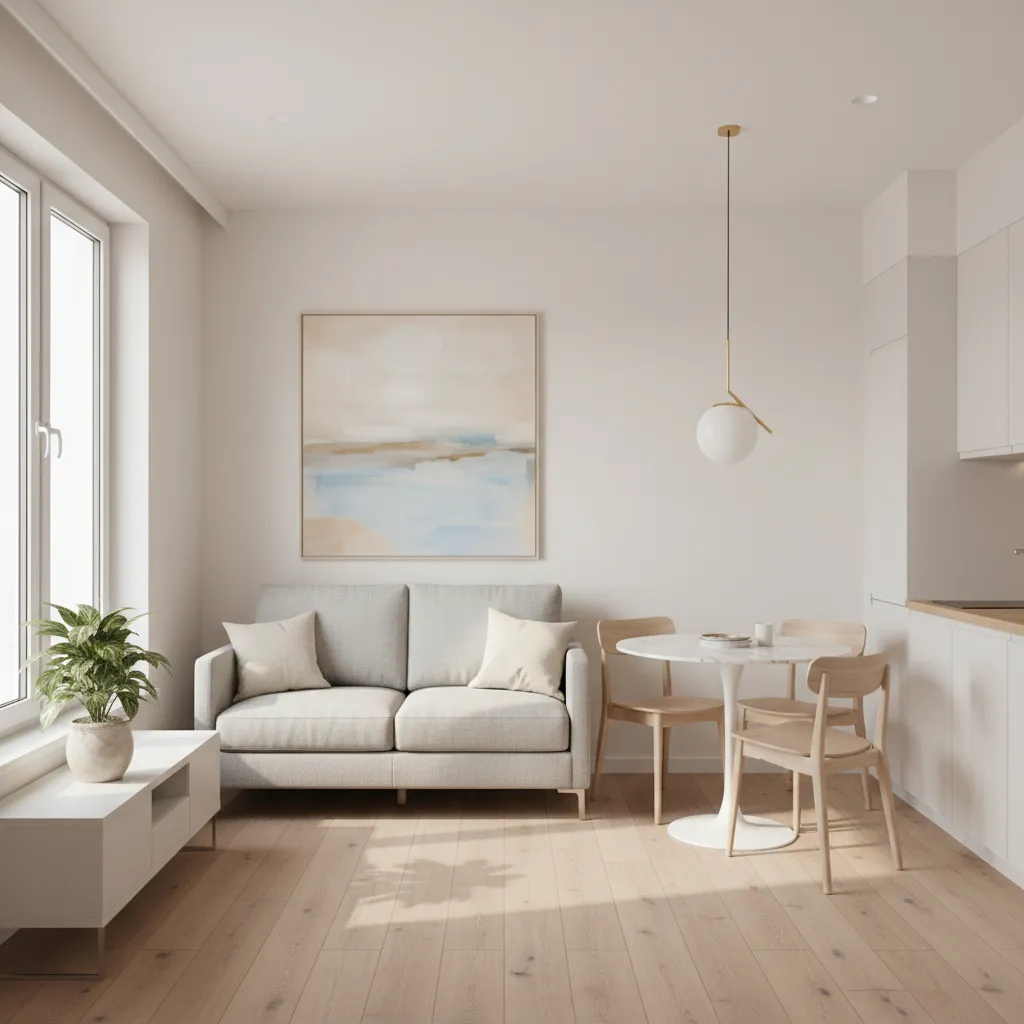 Compact small living dining room layout with sofa and round dining table