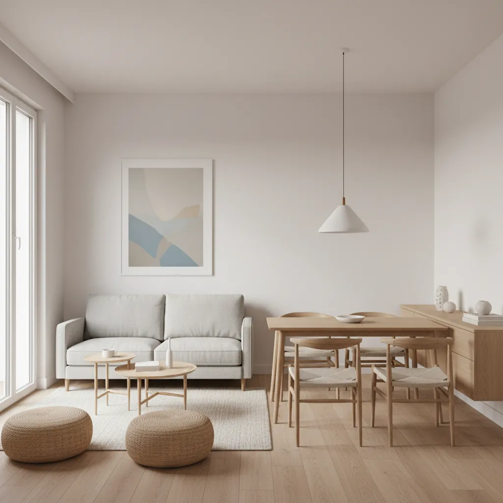 Small open plan living and dining room layout with sofa and dining table