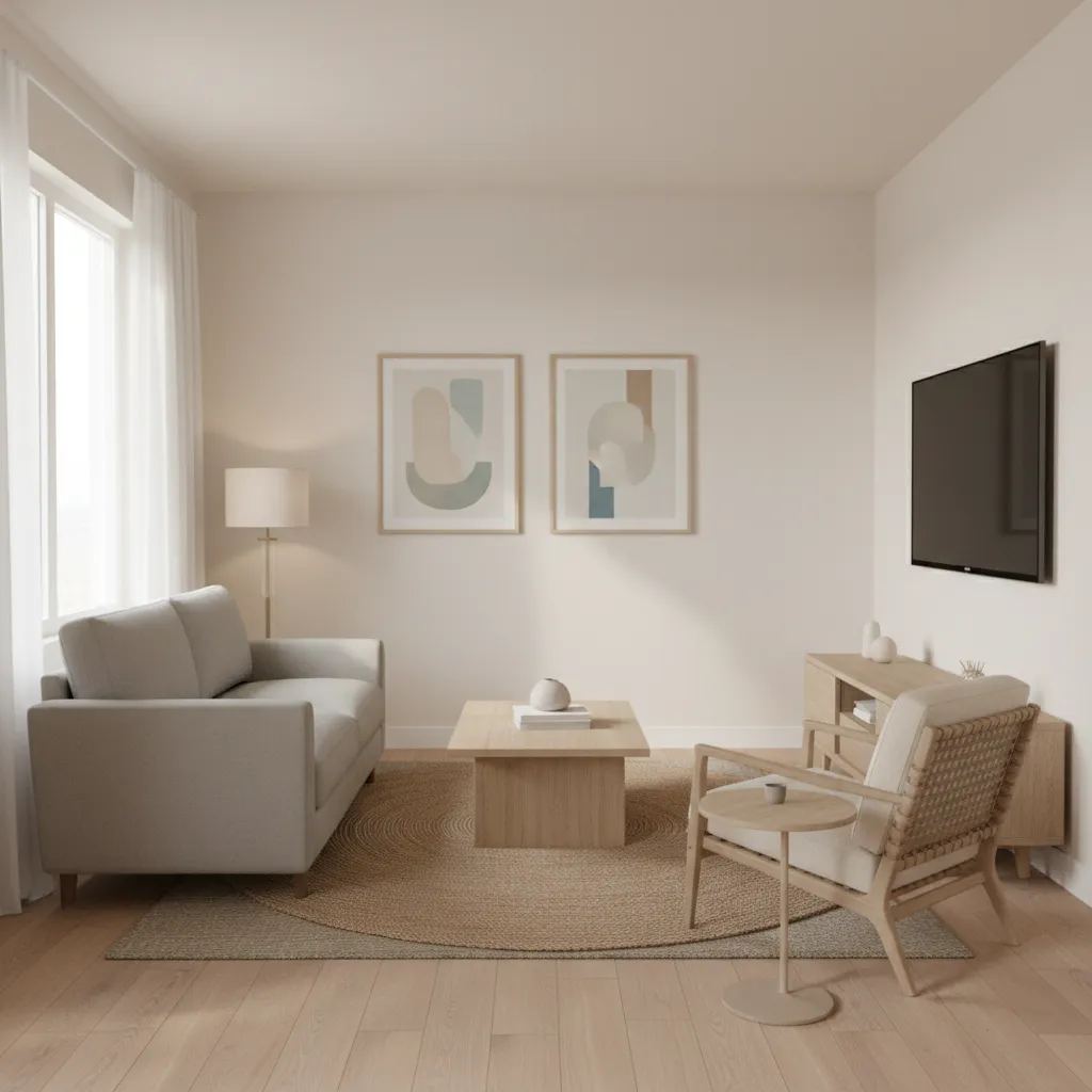 Example furniture layout for a 10 x 13 living room with sofa chair and coffee table
