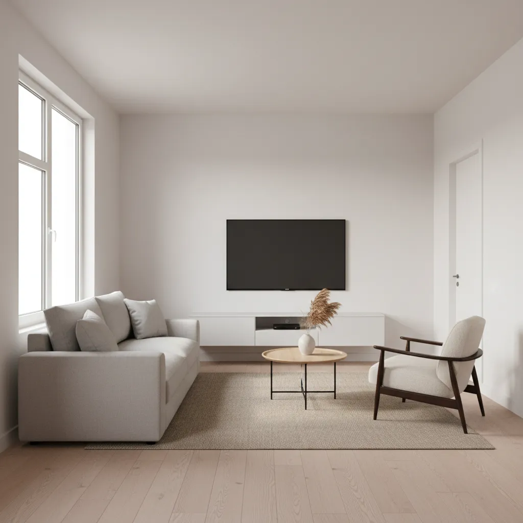 compact 10 x 13 living room with sofa chair and coffee table arranged for conversation