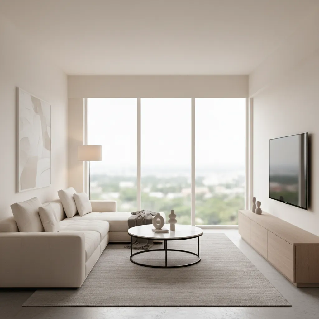 Mô hình 3D phòng khách nhỏ với bố trí sofa và TV hợp lý