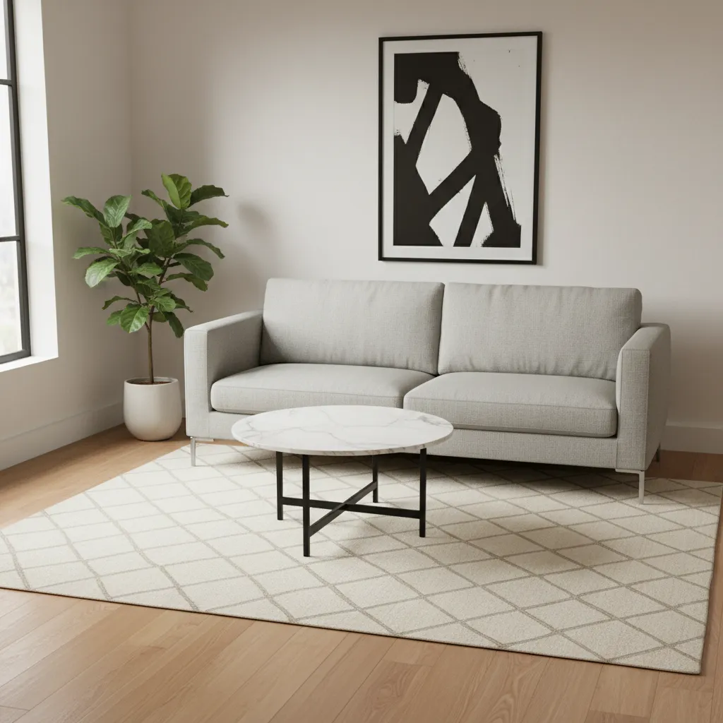 Small modern living room layout using a 5x8 rug to anchor seating
