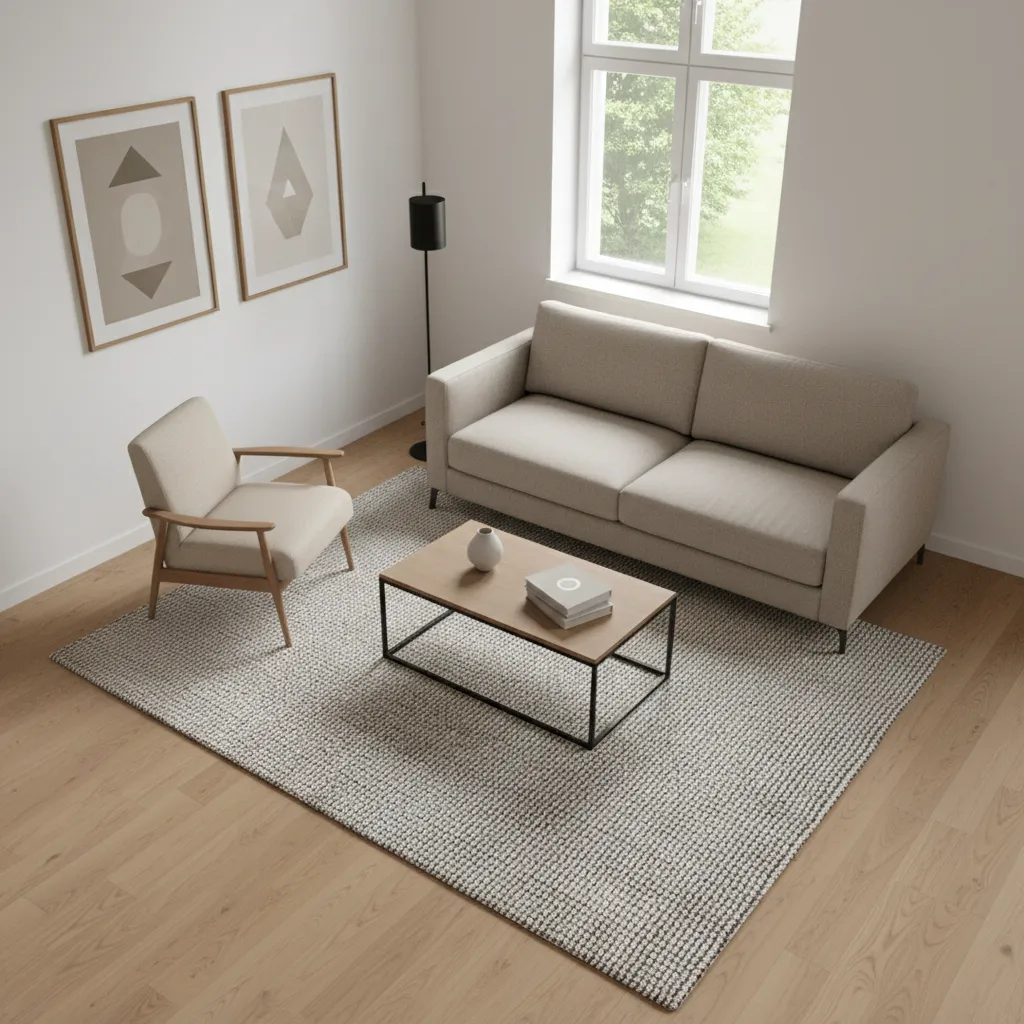 Small living room with sofa and coffee table placed on a 5x8 area rug